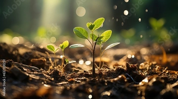 Fototapeta A green plant sprouting from the soil, in the style of sunrays shine upon it, lucid developments of his subjects, youthful energy, 32k uhd, pastoral charm