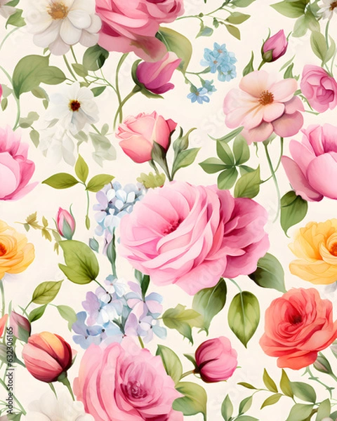 Obraz Pink roses bloom watercolor  seamless pattern