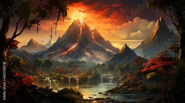 Fototapeta Volcanic activity, lava flow flows down the mountain. Frightening dangerous landscape. Generative AI