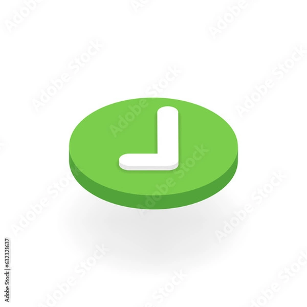 Obraz Isometric checkmark button. 3d tick icon. Yes mark in green circle at right top view angle. Vector illustration of correct, agree, confirm, approve, ok symbol for ui, infographic, website, app use