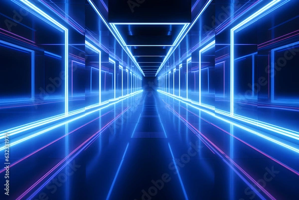 Fototapeta Futuristic corridor with glowing blue neon lights.Generative AI.
