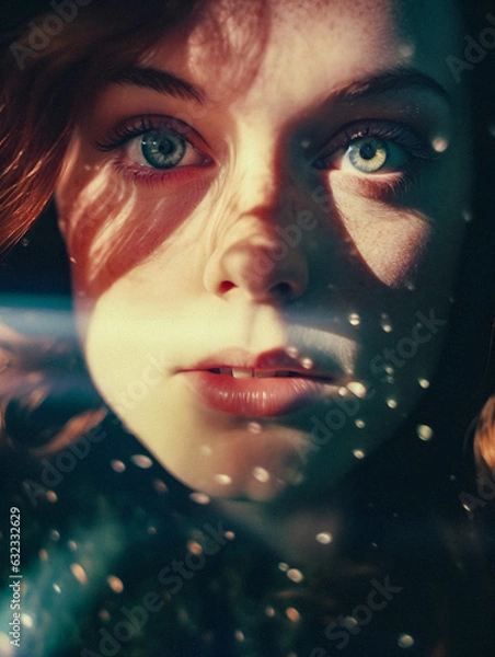 Fototapeta Enchanting Portrait of a Beautiful Red-haired Woman with Captivating Light Eyes - Generative AI Photo