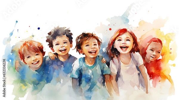Fototapeta 
Diversity children, friendship concept, emotions. Children run and laugh. Trustworthy, friendly, kind, smiling, cheerful children and teenagers, large group. In the style of a colorful watercolor