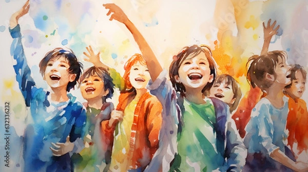 Fototapeta 
Diversity children, friendship concept, emotions. Children run and laugh. Trustworthy, friendly, kind, smiling, cheerful children and teenagers, large group. In the style of a colorful watercolor