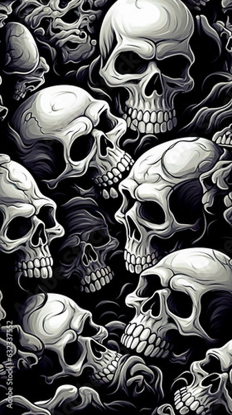Fototapeta Seamless pattern with human skulls on black background. vertical illustration. selective focus. 