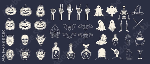 Fototapeta Vector Halloween icons set. 40 Halloween vintage elements, signs and silhouettes isolated on black background. Spooky decorations for logo, emblem, poster, banner, invitation, background design.