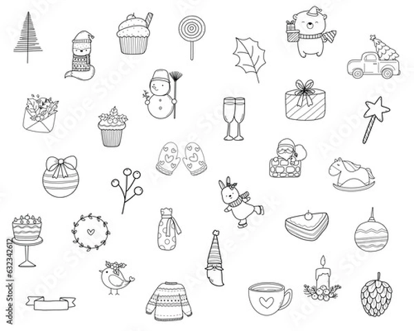 Obraz Christmas Graphics Set Vector Cutting Files Winter Snow Items Santa Claus Doodle Xmas Tree Snowman Mistletoe Presents Candy Noel Cricut Drawing Collection Transparent Isolated Illustrator PNG JPG SVG