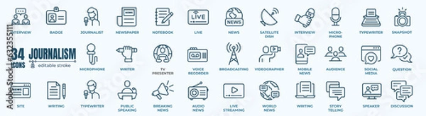 Fototapeta Journalism and mass media icon collection. Vector illustration. Containing a microphone, journalist, press conference and newspaper.