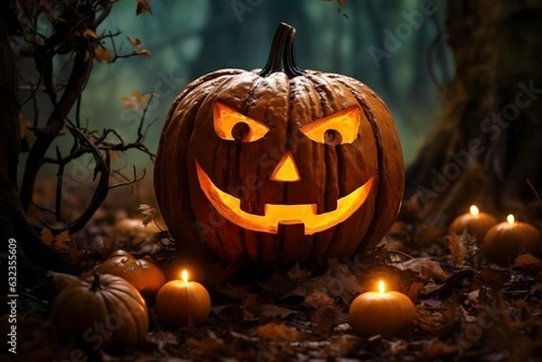 Obraz Halloween pumpkin head jack lantern with burning candles in scary deep night forest,AI generated