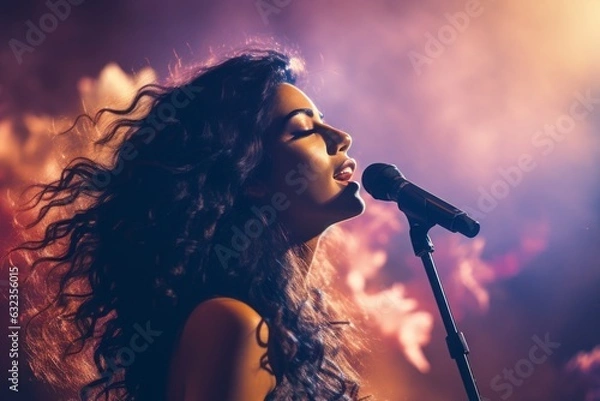 Obraz Beautiful female pop star singer giving music concert performance