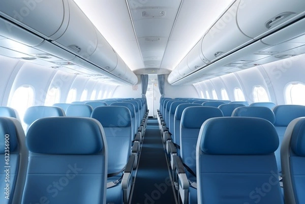 Fototapeta Rows of empty seats on airplane, modern new interior, bright lighting, white and blue colors, futuristic, advertisement, aerial transport, AI Generated
