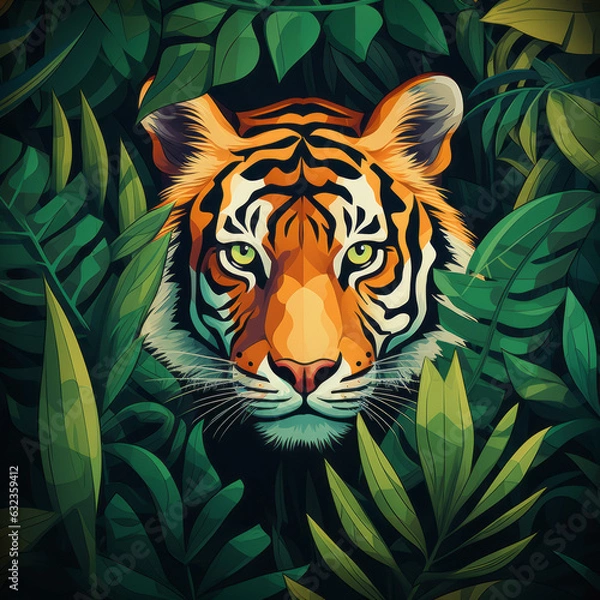 Fototapeta Tiger Staring in Jungle Background. Created using generative AI