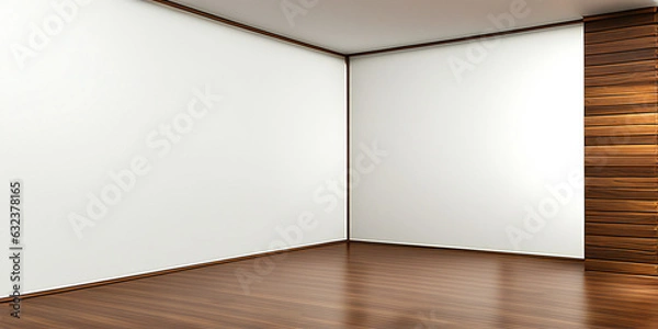 Fototapeta Empty room with white and wooden walls and wooden floor suitable for product display - AI-Generated