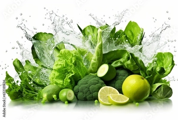 Fototapeta fresh green vegetables with water splashes isolated on white background. generative ai