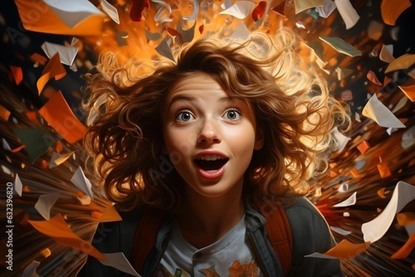 Fototapeta Captivating Back-to-School Delight: Photorealistic Portrait of Surprised Young Woman with Chaotic Paper Flyers