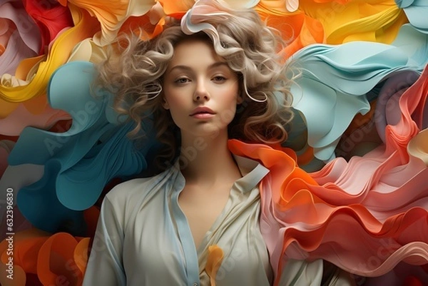 Fototapeta a girl with short hair surrounded by colorful background, cyan and amber, international youth day