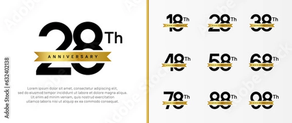 Fototapeta set of anniversary logo black color number and golden ribbon on white background for celebration