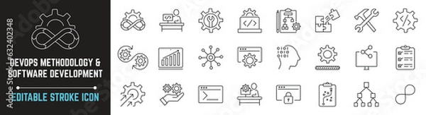 Fototapeta DevOps methodology and software development editable stroke icon isolated on white background flat vector illustration, icon includes programming, IT, integration, Methodology, Dev Ops pixel perfect