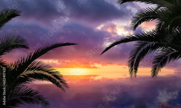 Obraz Two palms trees silhuete on colorful sunset background. Bright purple - pink, yellow evening sky. Summer relaxing mood. Vacation time