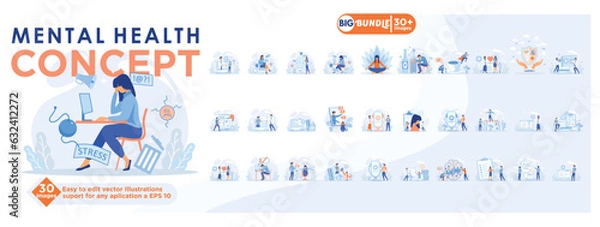 Obraz Mental health and psychology concept illustration, collection of male and female business people scenes in th Mental health and psychology scene. mega set flat vector modern illustration