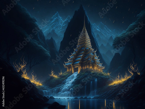 Fototapeta Nestled amidst the embrace of towering mountains and trees, a temple emerges as a serene oasis in the night, its tranquil beauty accentuated by the soft glow of surrounding moonlight.