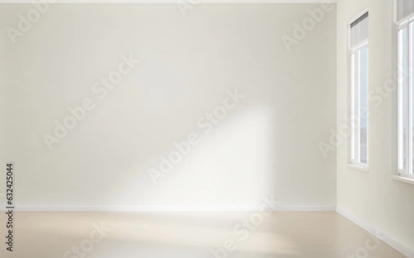 Fototapeta Empty office, school or living room space, 3d rendering. Digital illustration of generic interior as a mock-up, white walls, wood floor, natural sunlight