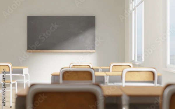 Fototapeta Generic classroom of elementary or middle school, offline studying, 3d rendering. Digital illustration of a high school class in direct sunlight, shallow depth of field