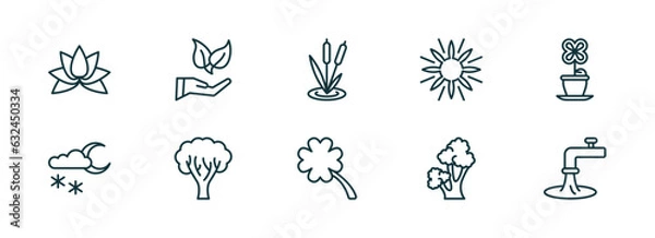 Obraz set of 10 linear icons from nature collection. thin concept. outline icons such as beautiful lotus flower, conservation, reeds, four leaf clover, scarlet oak tree, wate vector