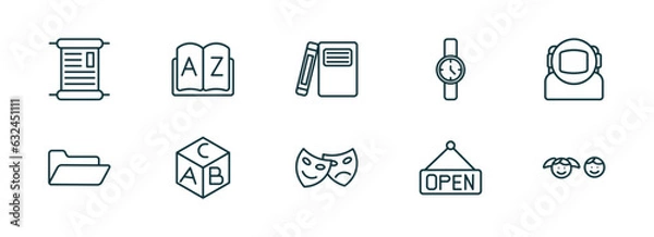 Fototapeta set of 10 linear icons from education concept. outline icons such as manuscript, dictionary, hardbound book variant, shakespeare, opened, kids vector