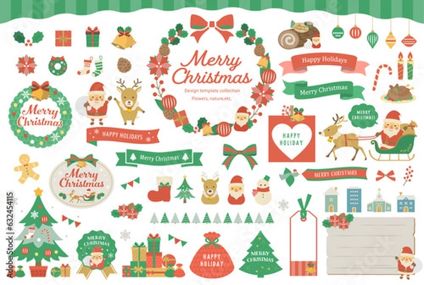 Obraz クリスマスのイラストとフレームセット / サンタクロース、12月、クリスマスツリー、冬、飾り、デザイン、リボン、ベクター