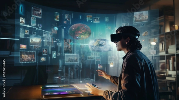 Fototapeta Augmented Virtual Reality Integration. Illustration of the seamless integration of augmented reality elements into a virtual reality environment. Generative ai