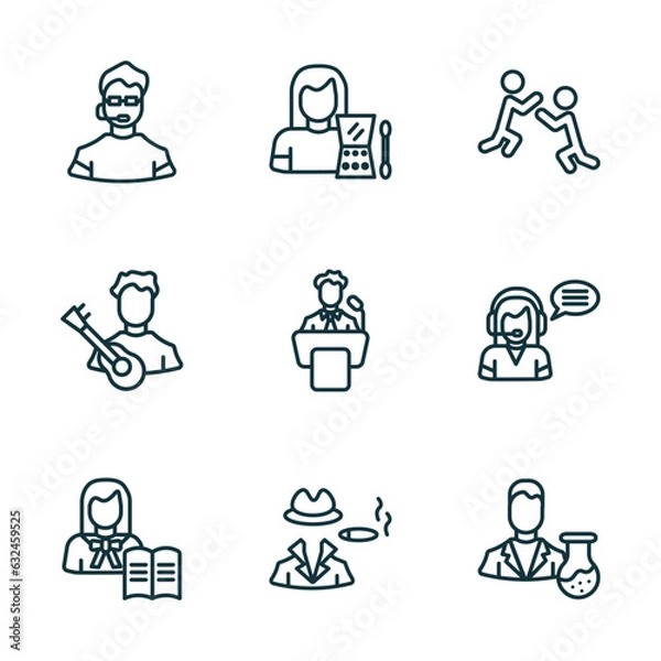 Fototapeta set of 9 linear icons from professions concept. outline icons such as bouncer, makeup artist, wrestling, teacher, mafia, scientist vector