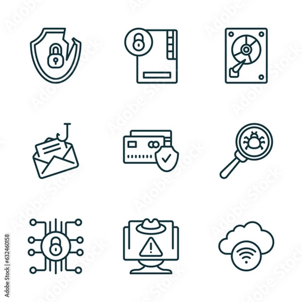 Obraz set of 9 linear icons from internet security concept. outline icons such as internet attack, folder security, hard disc, cyber security, spyware, networking vector