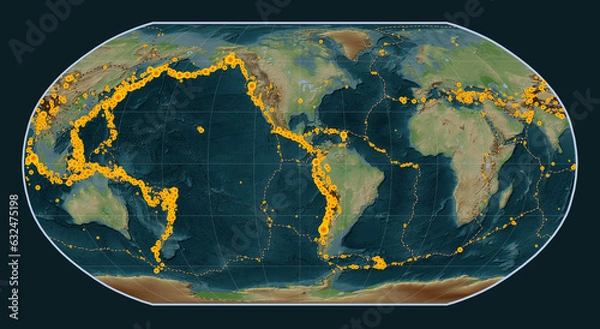 Obraz Earthquakes and boundaries of tectonic plates on the world map - -90 PM. Robinson