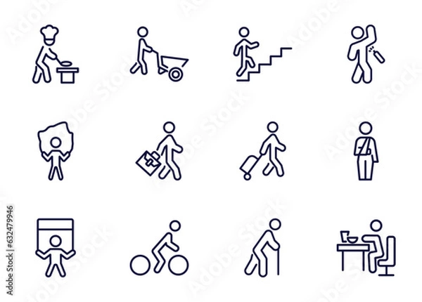 Fototapeta set of behavior and action thin line icons. behavior and action outline icons such as man cooking, man wirth carry, climbing stairs, _icon19_, rope jumping, man with banner, cycling, old walking