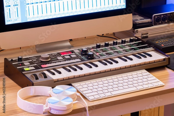 Obraz music synthesizer keyboard, white headphone and desktop computer on desk. music production concept