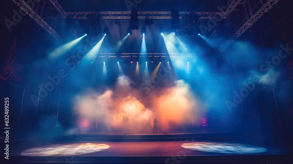 Obraz Concert Stage Scenery With Spotlights Colored Lights Smoke. Generative AI