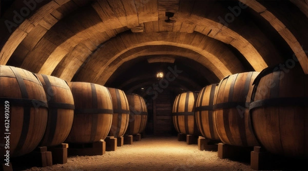 Fototapeta Old wine barrels stacked in a vineyard cellar created by Generative AI