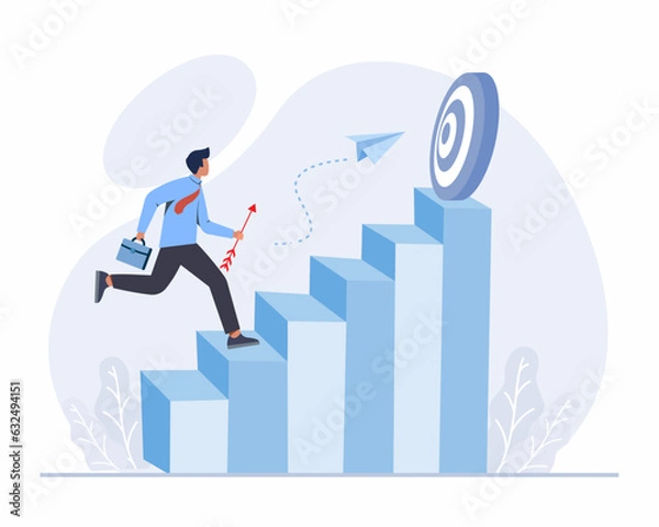 Fototapeta Business man with briefcase running fast up stairs towards goal to achieve Success in business growing business concept