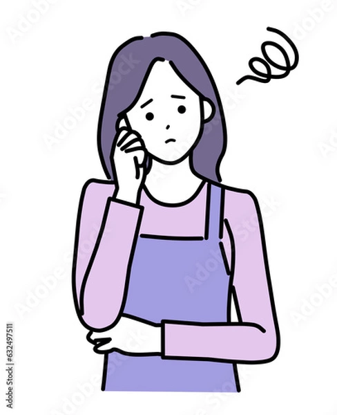 Obraz エプロンを着た悩みを抱える長髪のシンプル女性