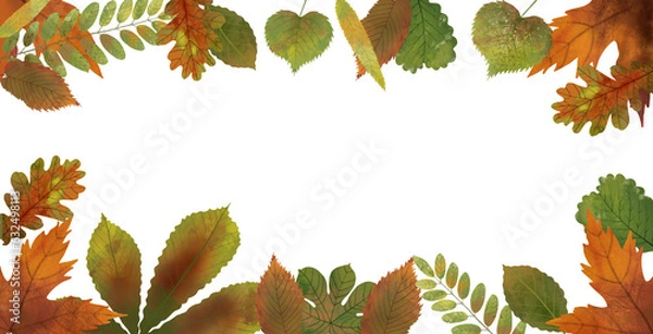 Obraz Illustration of Autumn template with a border of colorful oak, walnut and acorn leaves. Decorative background as transparent png for fall, October, September, Thanksgiving banner, or card.