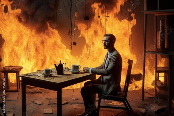 Obraz A person sitting calmly in a chair in a room caught on fire. A meme scene depicting someone not carrying about the destruction of surroundings. Generated by AI