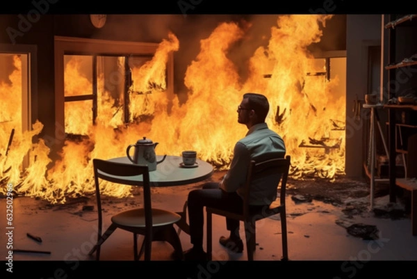 Fototapeta A person sitting calmly in a chair in a room caught on fire. A meme scene depicting someone not carrying about the destruction of surroundings. Generated by AI