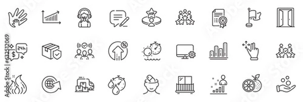 Fototapeta Icons pack as Graph chart, Social responsibility and Orange line icons for app include Depression treatment, Write, Flag outline thin icon web set. Donation money, Consulting, Chart pictogram. Vector