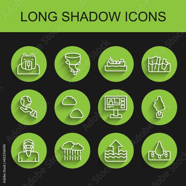 Obraz Set line Face in protective mask, Cloud with rain, Polar bear head, Rise water level, Deforestation, Tree and Television report icon. Vector