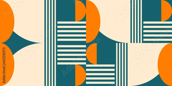 Fototapeta Modern vector abstract  geometric background with circles, rectangles, squares and stripes  in retro Bauhaus style. Pastel colored