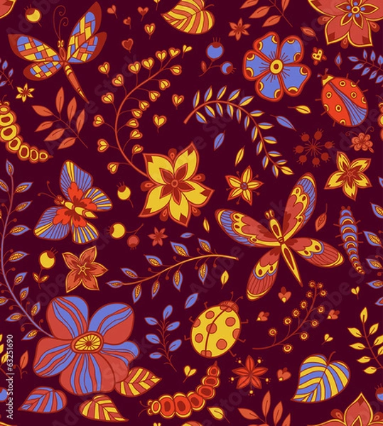 Fototapeta Seamless texture with flowers and butterflies