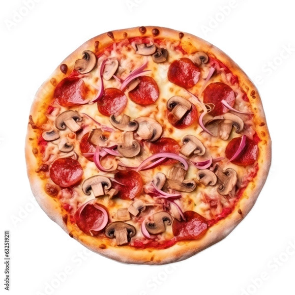 Fototapeta Pizza with salami, pepperoni, mushrooms, isolated on transparent background, Generative AI
