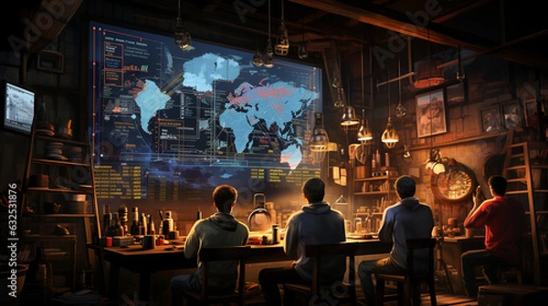 Fototapeta A bustling conference room filled with people engaged in intense discussions and pointing at charts on a large screen Generative AI