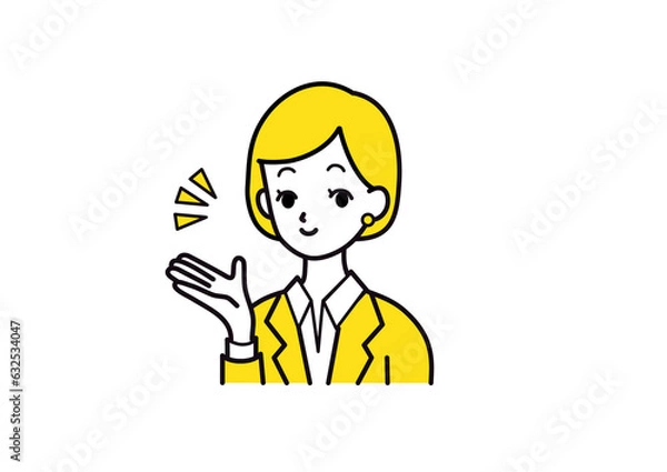 Fototapeta 笑顔で紹介するスーツの女性